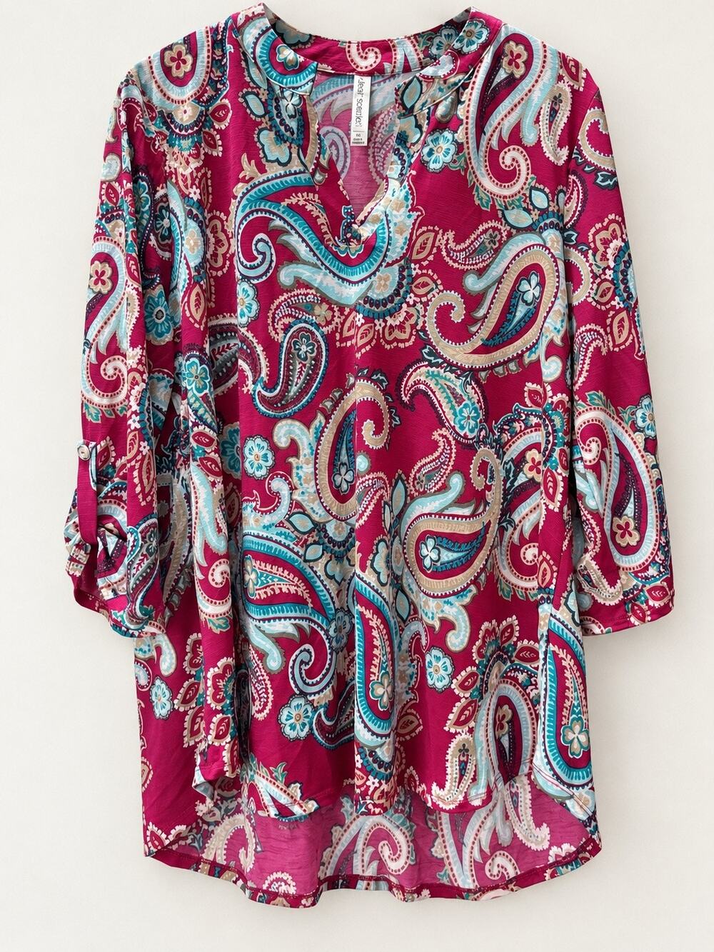 Dear Scarlett Lizzy XL Paisley Tunic Top Pink Teal Roll Tab Sleeve Blouse NWOT